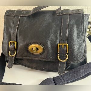 Fossil Dark Brown Leather Messenger Bag with Gold Accents